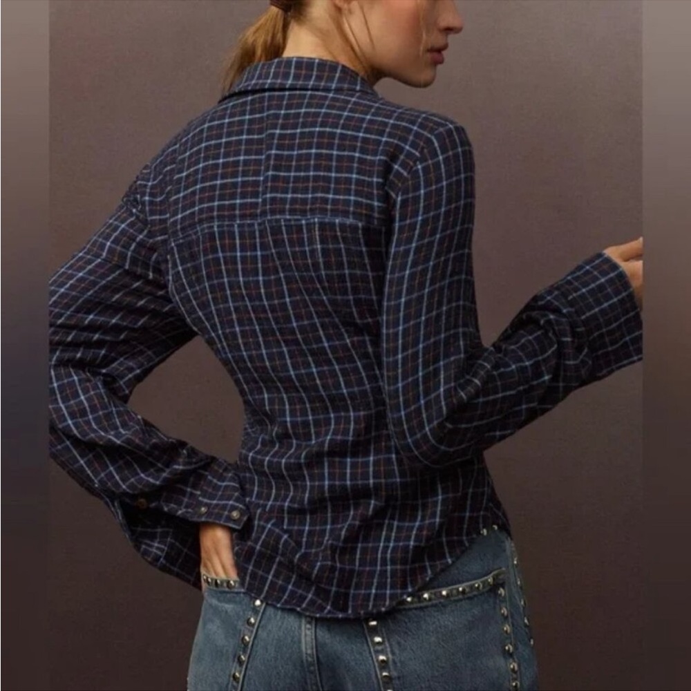 Anthropologie Pilcro Keaton Plaid Ruched Long Sleeve Collared Blouse Blue Sz S - Picture 4 of 15
